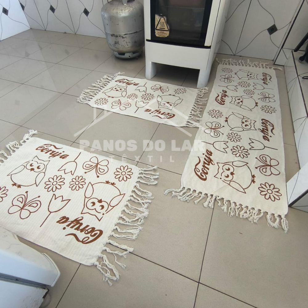 Kit Jogo De Passadeira Tapete De Cozinha Grande 3 Peças Estampado Com Nozinho Tecido Grosso Modelo Coruja - 1