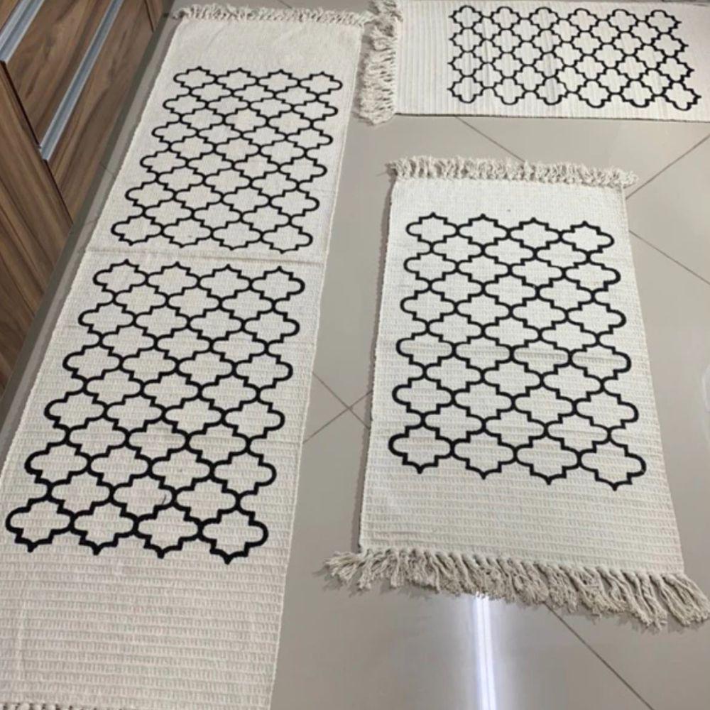 Jogo Passadeira Com Nozinho 03 Peças Jogo De Tapete Para Cozinha Geometrico 100% Algodão Modelo Geométrico Cru - 1