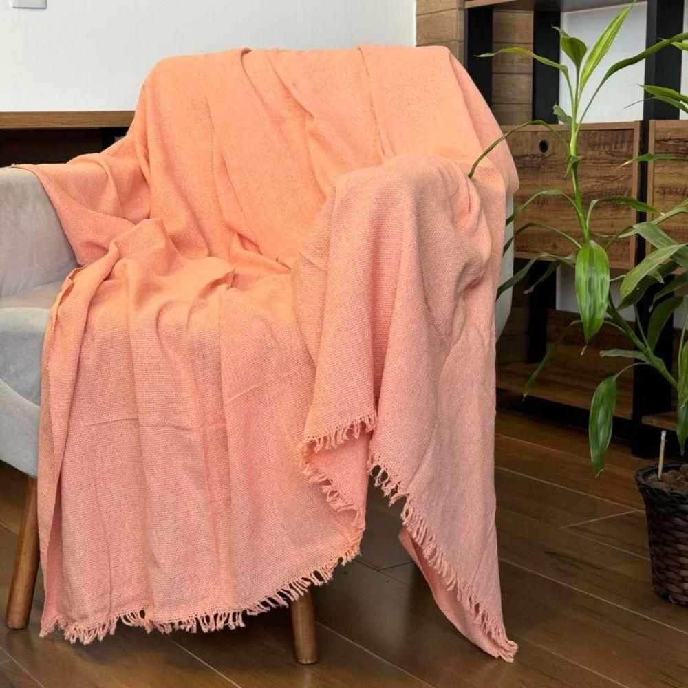 Manta Grande Para Sofá 1,70x2,20 Capa De Sofa Decorativa E Protetora 100% Algodão Salmão - 1