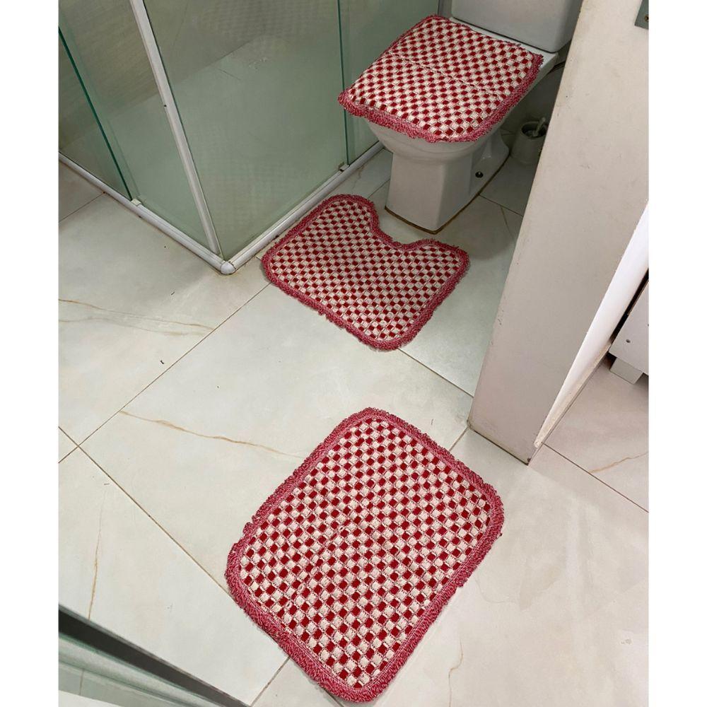 Kit 3 Peças Tapete Banheiro Xadrez Daminha Taolha De Piso Chão 50x40cm Várias Cores Vermelho Liso - 1