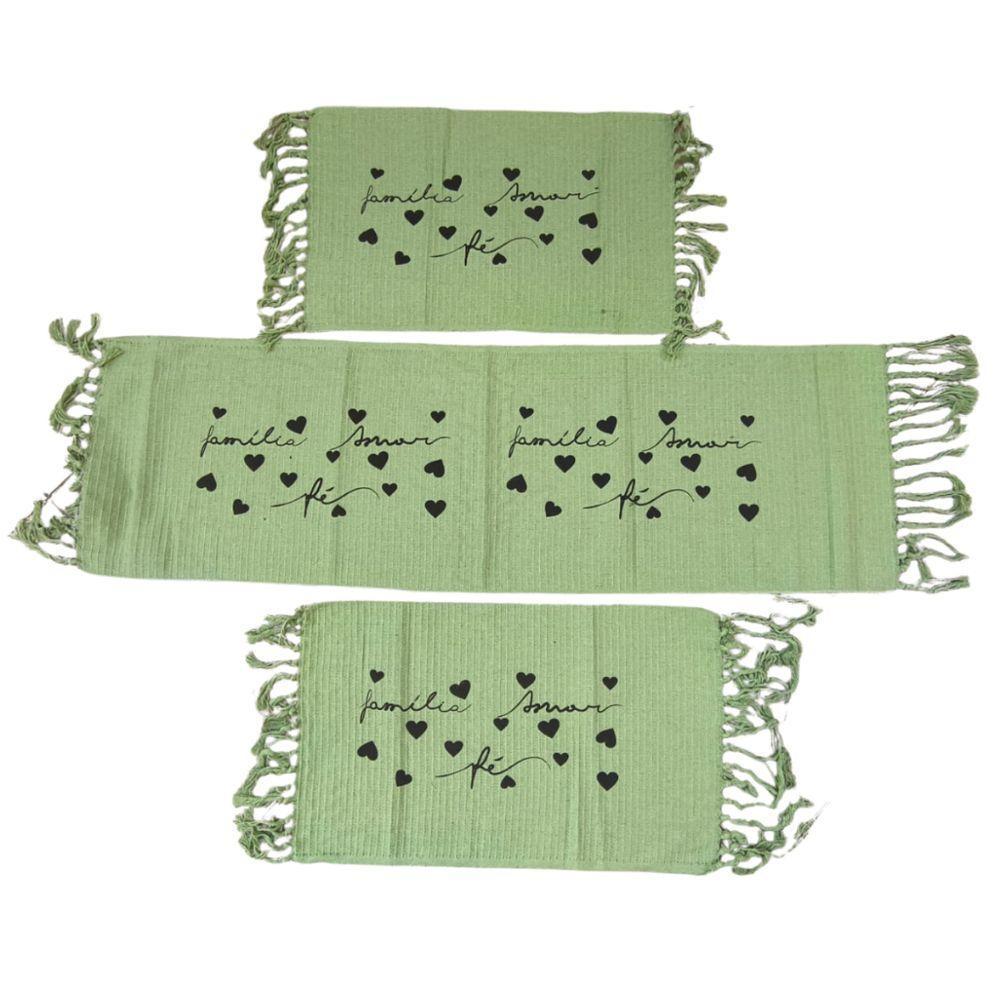 Kit Jogo De Passadeira Tapete De Cozinha Grande 3 Peças Estampado Com Nozinho Tecido Grosso Modelo Amor E Fé Verde Abaca - 1