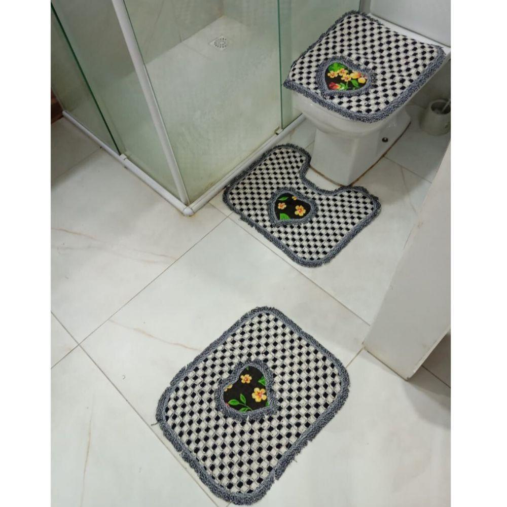 Kit 03 Tapete Xadrez Para Banheiro Decorativo E Macio 50x40 De Algodão Piso Chão Preto Com Estampa - 1
