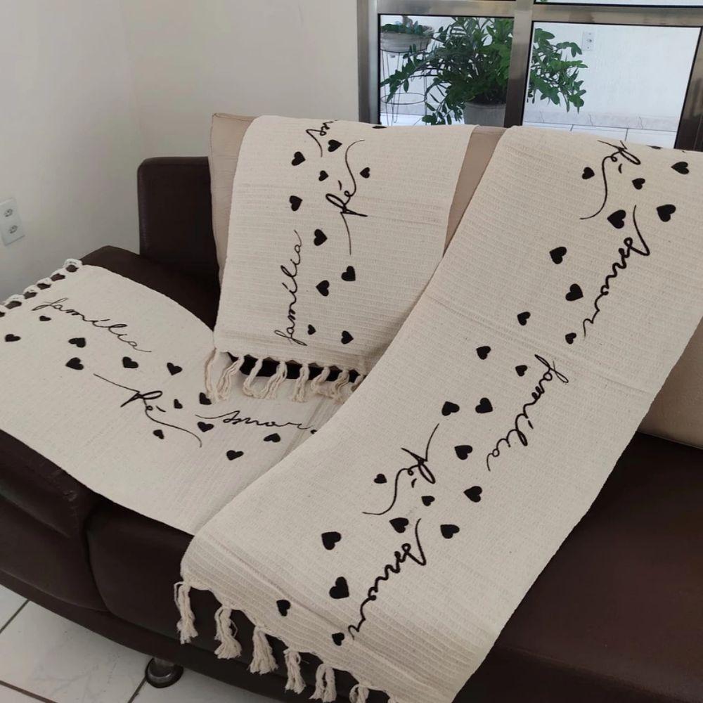 Jogo Passadeira Com Nozinho 03 Peças Jogo De Tapete Para Cozinha Geometrico 100% Algodão Modelo Família Amor E Fé Cru - 1