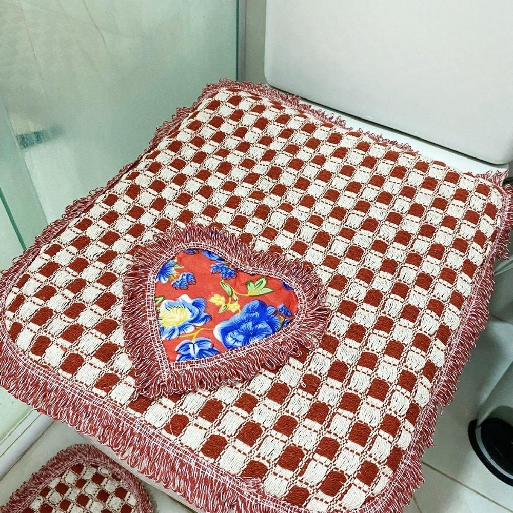 Kit 03 Tapete Xadrez Para Banheiro Decorativo E Macio 50x40 De Algodão Piso Chão Vermelho Com Estampa - 1