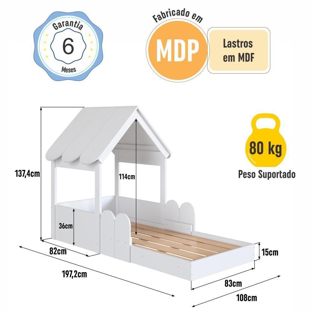 Cama Montessoriana Infantil Casinha Com Telhado E Cercadinho Branco - 3