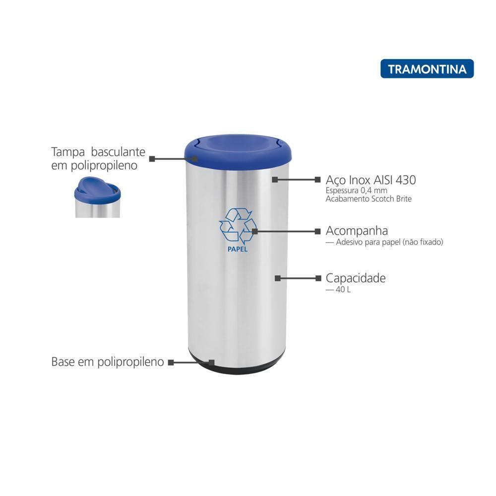 Lixeira Inox Tramontina Capsula Selecta Plus Basculante Com Acabamento Scotch Brite E Tampa Basculante Azul Em Polipropi - 2