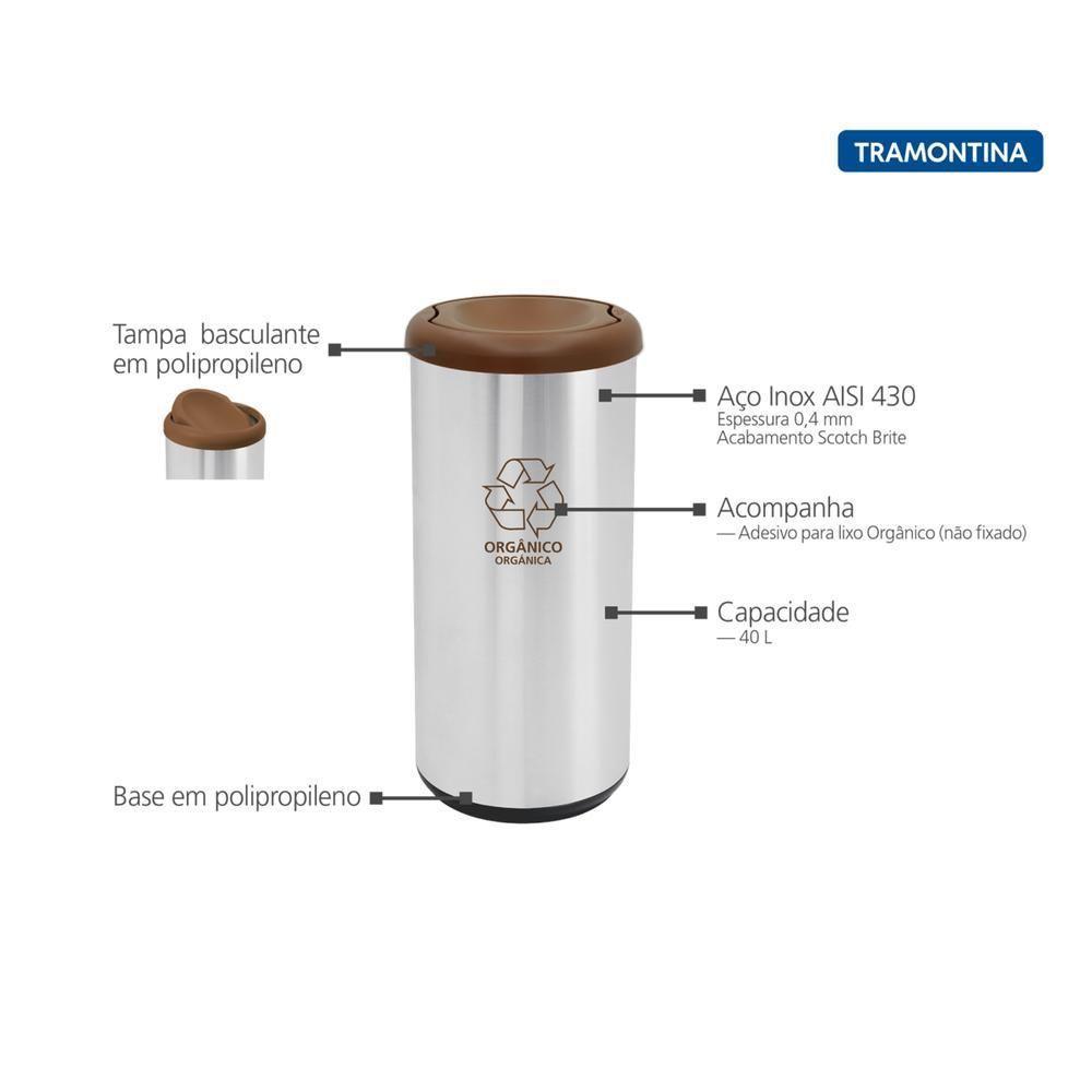 Lixeira Inox Tramontina Cápsula Selecta Plus Basculante Com Acabamento Scotch Brite E Tampa Basculante Marrom Em Polipro - 3
