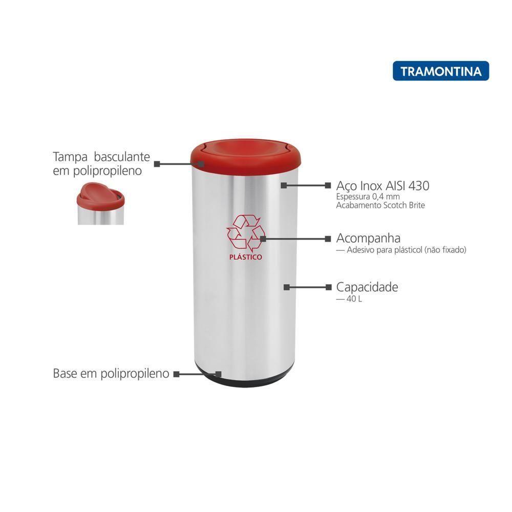 Lixeira Inox Tramontina Cápsula Selecta Plus Basculante Com Acabamento Scotch Brite E Tampa Basculante Vermelha Em Polip - 3