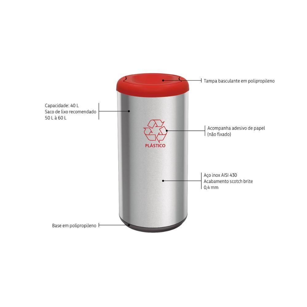 Lixeira Inox Tramontina Cápsula Selecta Plus Basculante Com Acabamento Scotch Brite E Tampa Basculante Vermelha Em Polip - 6