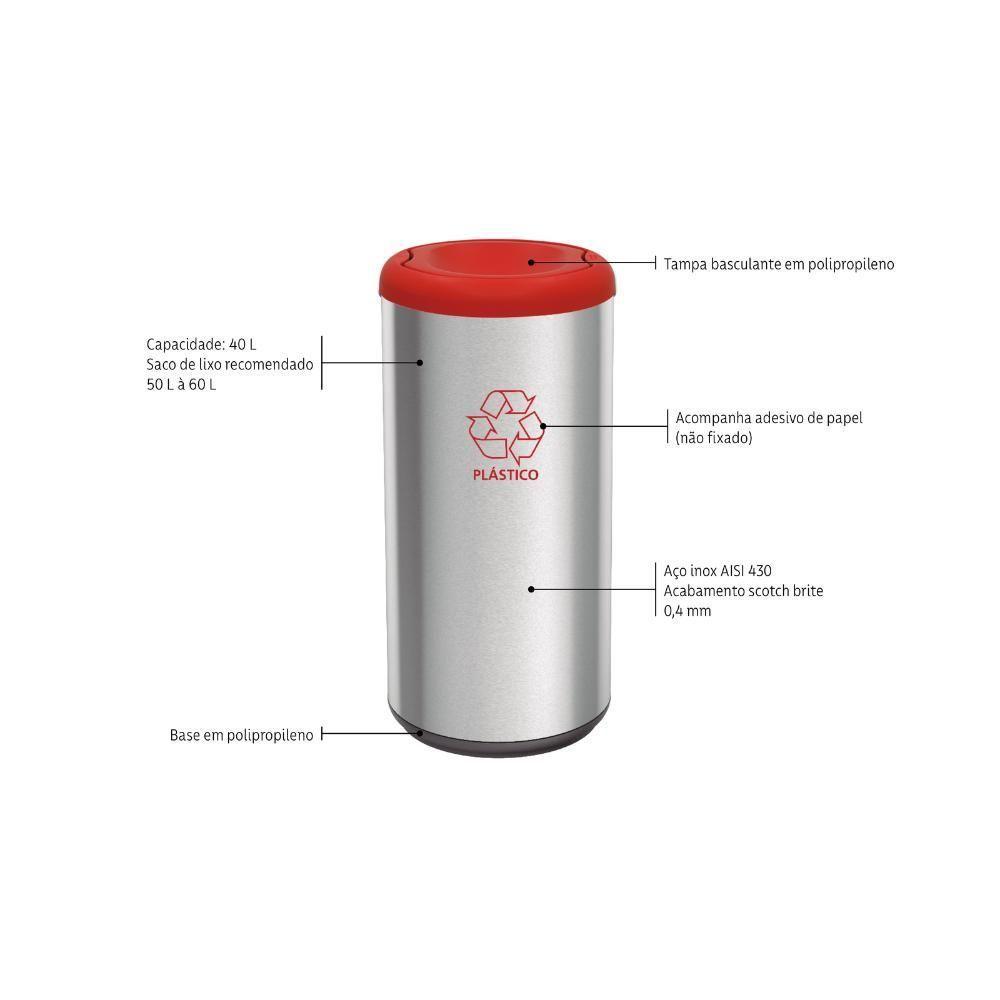 Lixeira Inox Tramontina Cápsula Selecta Plus Basculante Com Acabamento Scotch Brite E Tampa Basculante Vermelha Em Polip - 7