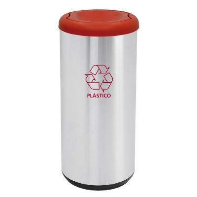 Lixeira Inox Tramontina Cápsula Selecta Plus Basculante Com Acabamento Scotch Brite E Tampa Basculante Vermelha Em Polip