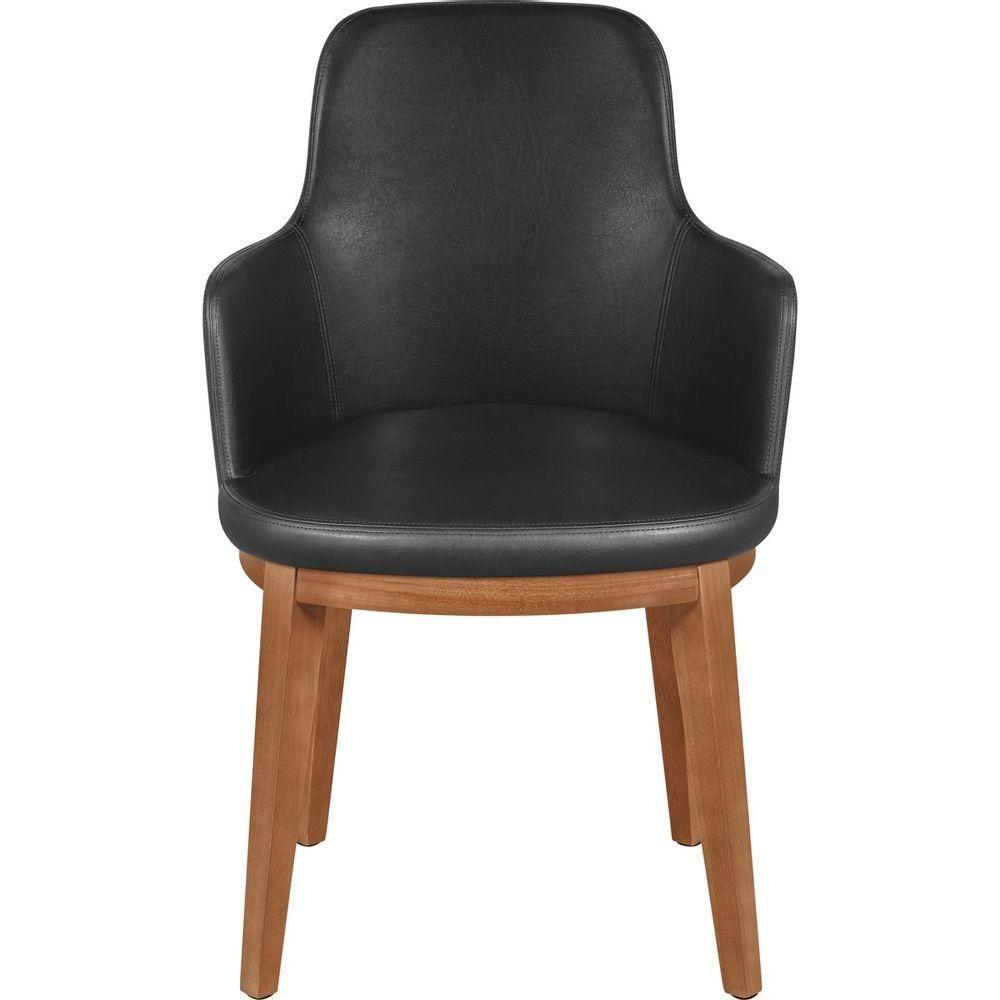 Poltrona De Madeira Tramontina Com Braços Em Madeira Tauarí Acabamento Amêndoa Com Estofado Preto Em Couríssimo - 6