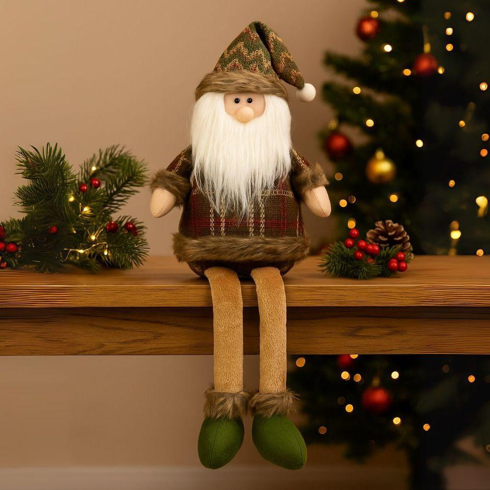 Papai Noel Decorativo Natal Pelúcia Sentado Perna Mole Xadrez Verde E Champanhe Crochê 40cm - 2