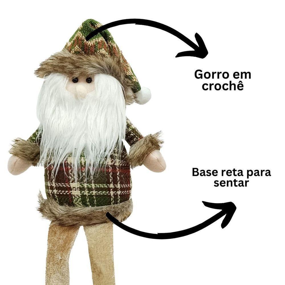Papai Noel Decorativo Natal Pelúcia Sentado Perna Mole Xadrez Verde E Champanhe Crochê 40cm - 3