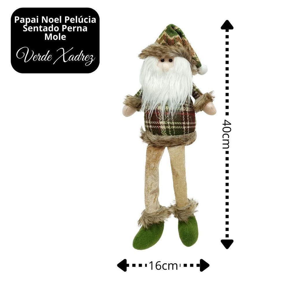 Papai Noel Decorativo Natal Pelúcia Sentado Perna Mole Xadrez Verde E Champanhe Crochê 40cm - 4