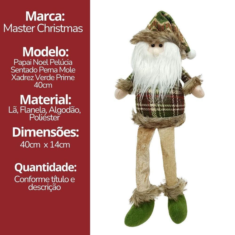 Papai Noel Decorativo Natal Pelúcia Sentado Perna Mole Xadrez Verde E Champanhe Crochê 40cm - 6