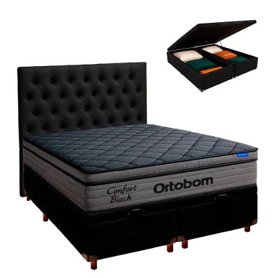 Baú Preto + Cabeceira + Colchão Casal Confort Black Ortobom