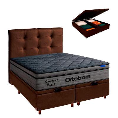 Baú Marrom + Cabeceira + Colchão Casal Confort Black Ortobom