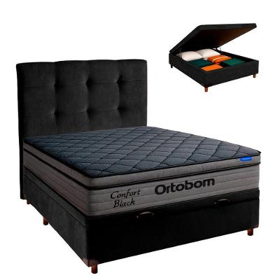Baú Preto + Cabeceira + Colchão Casal Confort Black Ortobom