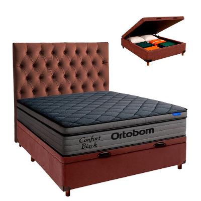 Baú Marrom + Cabeceira + Colchão Casal Confort Black Ortobom