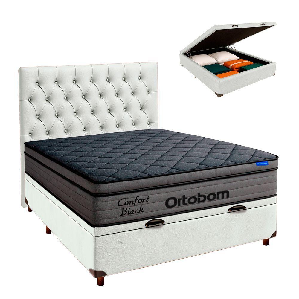 Baú Branco + Cabeceira + Colchão Casal Confort Black Ortobom - 1