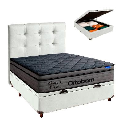 Baú Branco + Cabeceira + Colchão Casal Confort Black Ortobom
