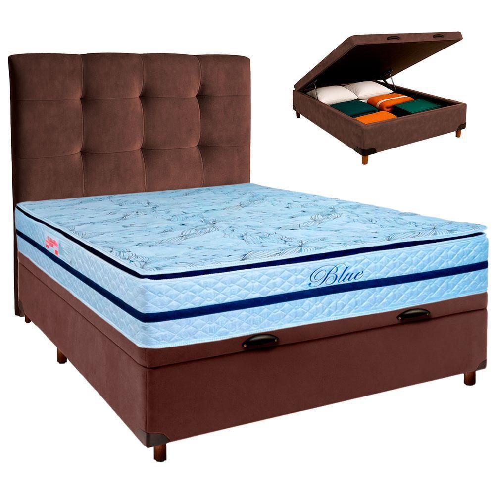 Conjunto Cama Box Bau Marrom Casal + Colchão Molas Ensacadas Blue Paropas + Cabeceira - 1