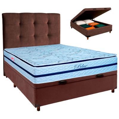 Conjunto Cama Box Bau Marrom Casal + Colchão Molas Ensacadas Blue Paropas + Cabeceira