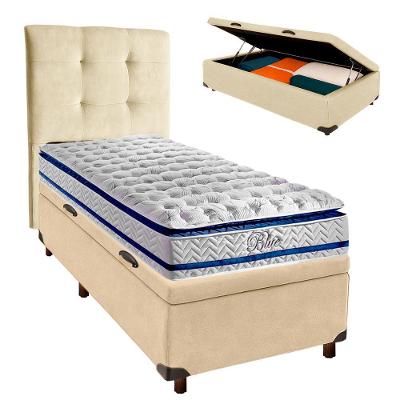 Conjunto Cama Box Bau Blindado Solteiro + Colchão Molas Ensacadas Blue Paropas + Cabeceira