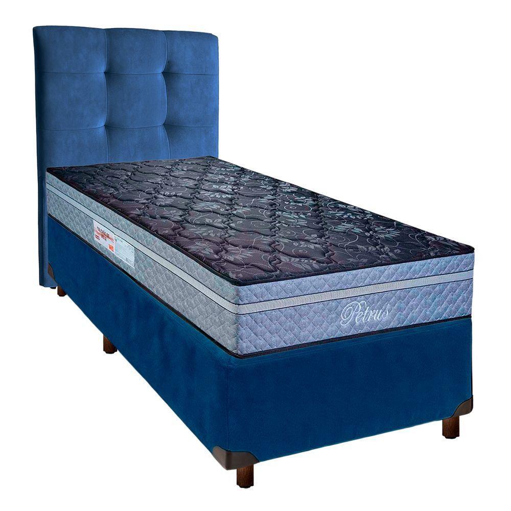 Cama + Box Azul E Colchão Molas Ensacadas Solteiro - Petrus Paropas + Cabeceira - 1