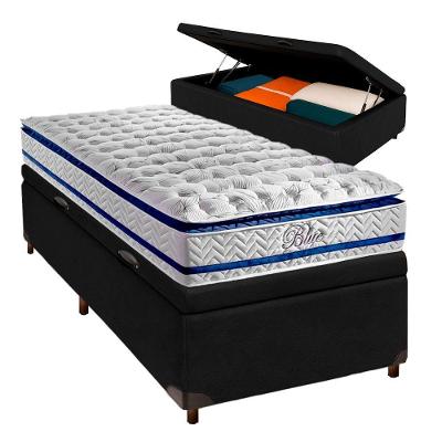 Conjunto Cama Box Bau Blindado Solteiro + Colchão Molas Ensacadas Blue Paropas