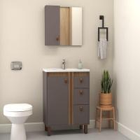 Kit Gabinete E Espelho Para Banheiro Ariel 60 Cm Com Pé Havana/jequitibá - 2