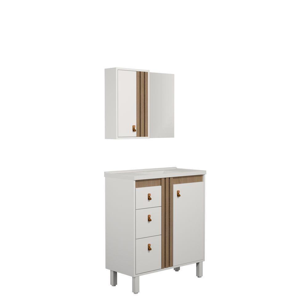 Kit Gabinete E Espelho Para Banheiro Ariel 60 Cm Com Pé Branco/jequitibá - 1