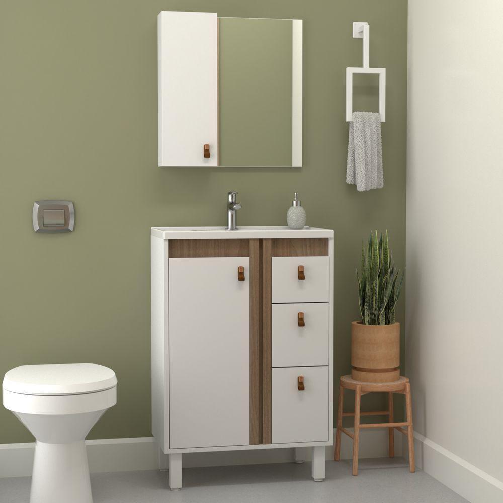 Kit Gabinete E Espelho Para Banheiro Ariel 60 Cm Com Pé Branco/jequitibá - 2