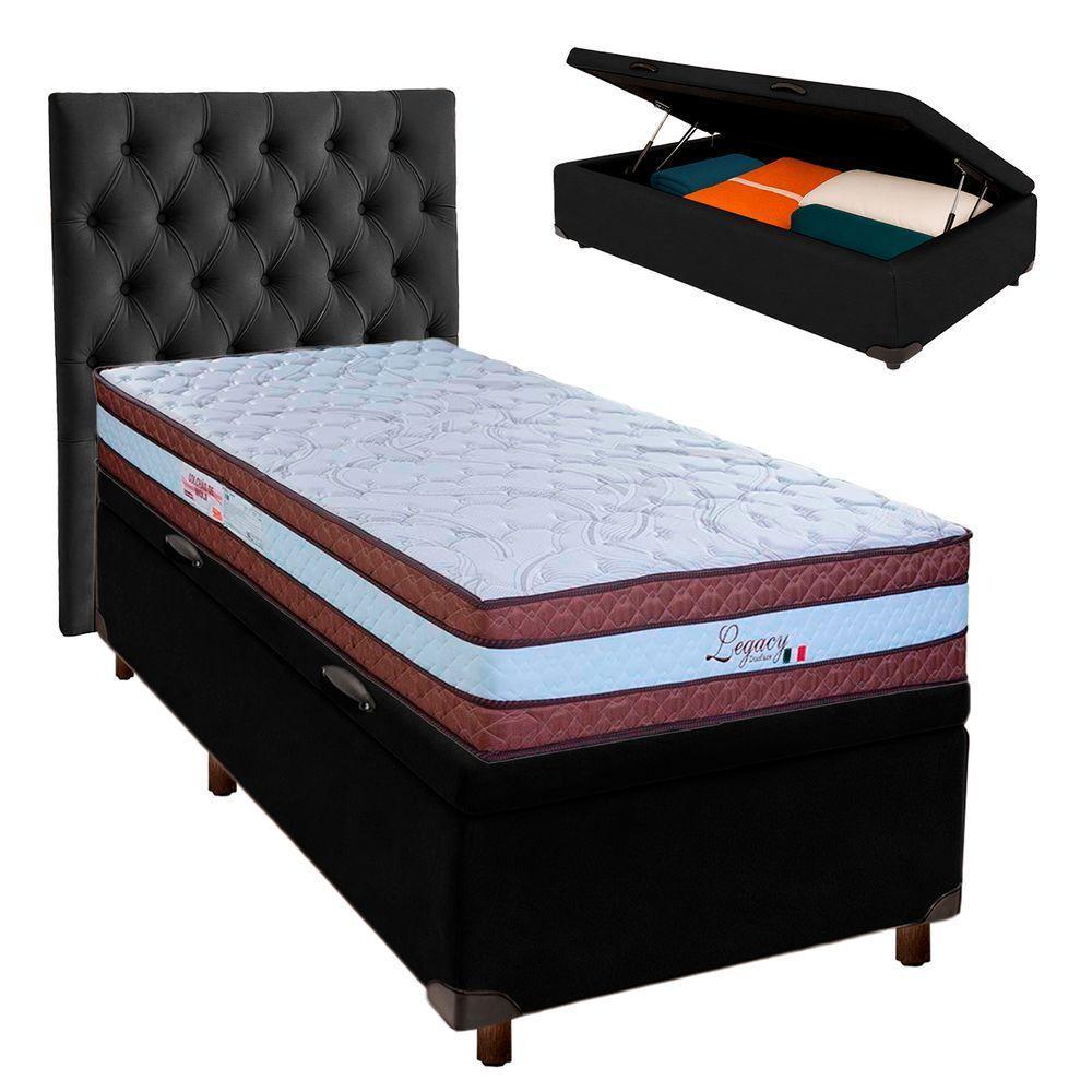 Cama + Bau Preto E Colchão Molas Ensacadas Solteiro - Legaccy Paropas + Cabeceira - 1