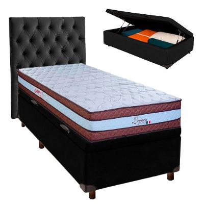 Cama + Bau Preto E Colchão Molas Ensacadas Solteiro - Legaccy Paropas + Cabeceira
