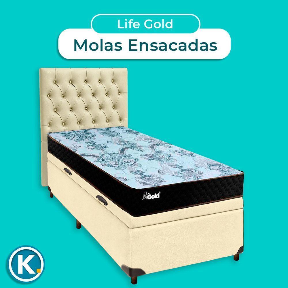 Cama + Bau Bege E Colchão Molas Ensacadas Solteiro - Life Gold Paropas + Cabeceira - 2