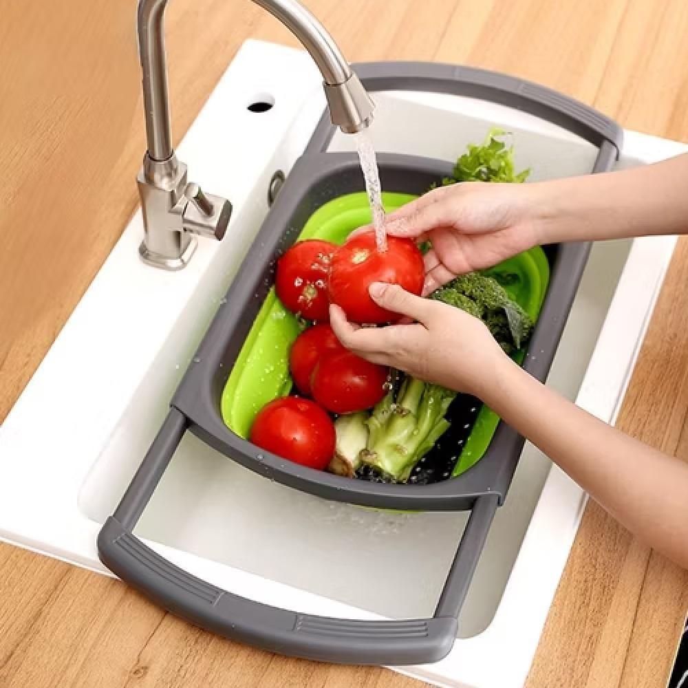 Escorredor Retrátil Silicone Alça Ajustável Massas Macarrão Legumes Frutas Pia Cozinha Multiuso Verde - 3