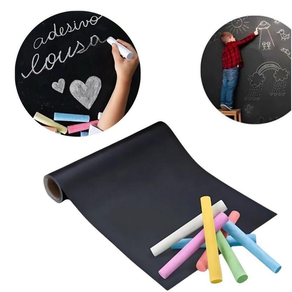 Adesivo Lousa Quadro Negro 1 Metro Papel Parede Contact Kit Completo Giz 1m X 45cm Preto Lavável Escola - 2