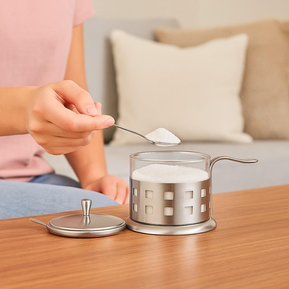 Açucareiro Inox Vidro Prata Kit Completo Luxo Colher Tampa Removível Porta Açúcar Sal Pote Alça Chá Café - 4