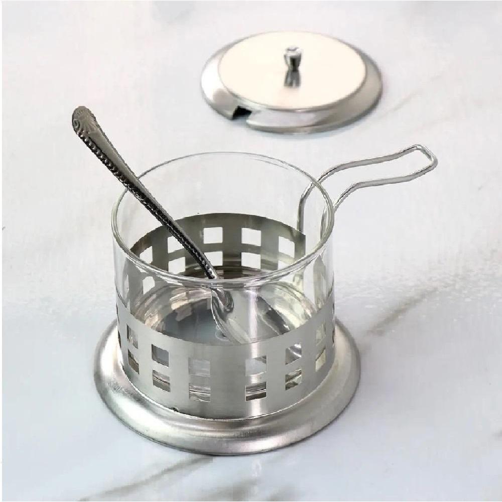 Açucareiro Inox Vidro Prata Kit Completo Luxo Colher Tampa Removível Porta Açúcar Sal Pote Alça Chá Café - 5
