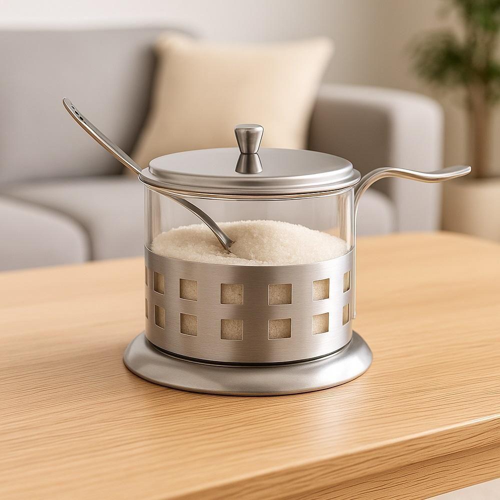 Açucareiro Inox Vidro Prata Kit Completo Luxo Colher Tampa Removível Porta Açúcar Sal Pote Alça Chá Café - 7