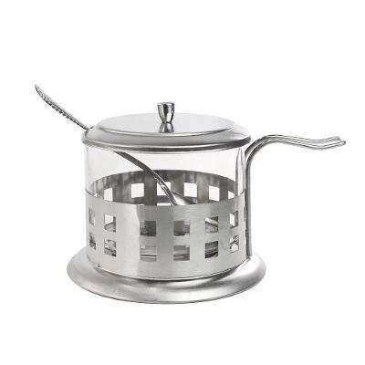 Açucareiro Inox Vidro Prata Kit Completo Luxo Colher Tampa Removível Porta Açúcar Sal Pote Alça Chá Café
