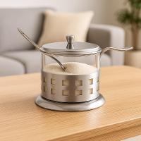 Açucareiro Inox Vidro Prata Kit Completo Luxo Colher Tampa Removível Porta Açúcar Sal Pote Alça Chá Café - 7