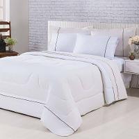 Kit Edredom 100% Algodão Percal 150 Fios Dupla Face King + Jogo De Cama Gran Moratta 7 Peças - Branco/ Palha - 1