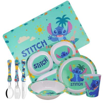 Jogo Refeição Infantil Melamina Stitch Disney 8 Peças Incluso Talheres Inox - Tuut