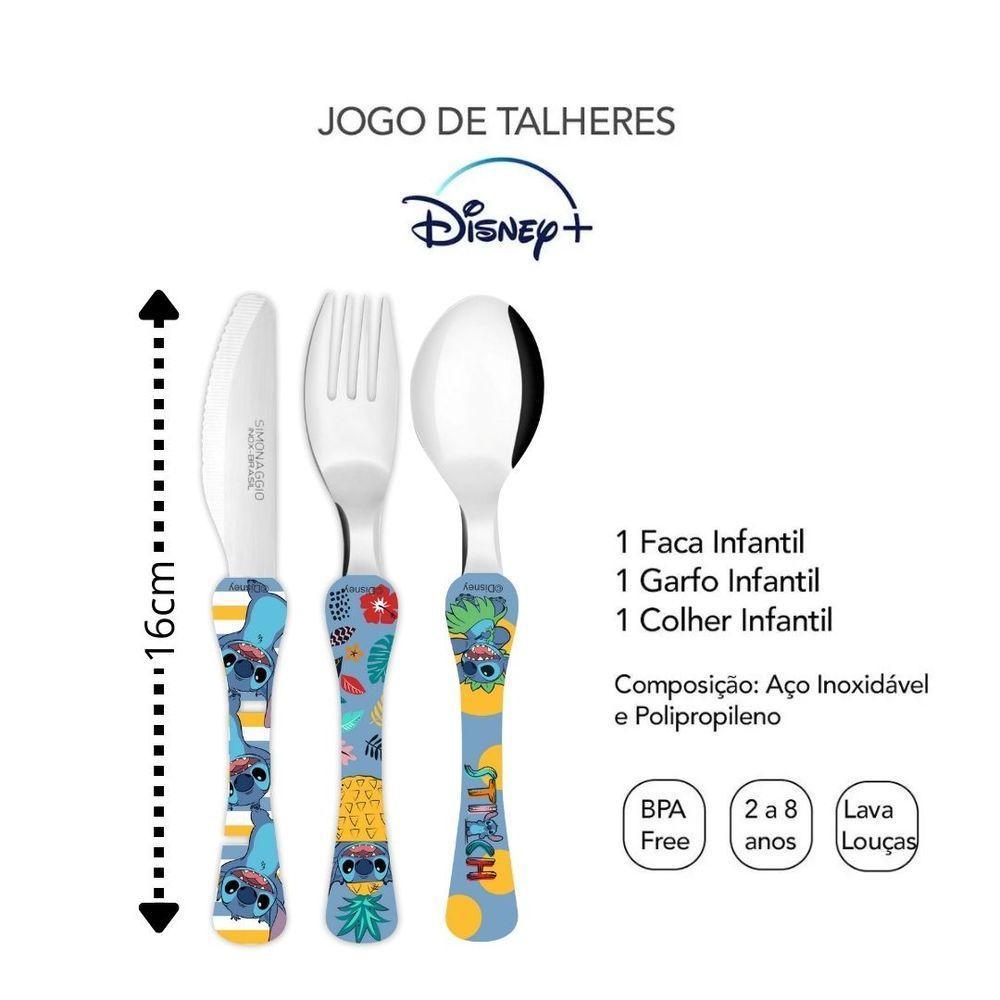 Kit Refeição Infantil Melamina Stitch Disney 6 Peças Pratos, Copo E Talheres Inox - Tuut - 6