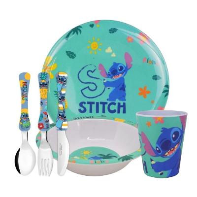 Kit Refeição Infantil Melamina Stitch Disney 6 Peças Pratos, Copo E Talheres Inox - Tuut