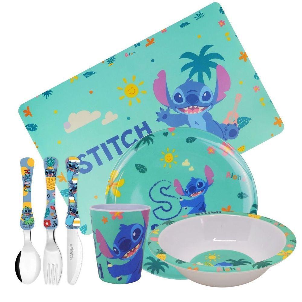 Kit Refeição Infantil Melamina Stitch Disney 7 Peças Incluso Talheres Inox - Tuut - 1
