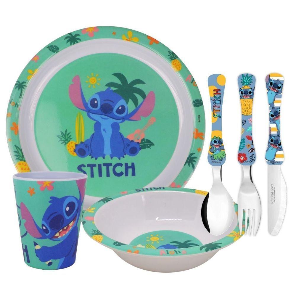 Jogo Refeição Infantil Melamina Stitch Disney 6 Peças, Pratos, Copo E Talheres - Tuut - 1